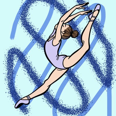 gymnast doing a leap in a leotard with a bent back leg