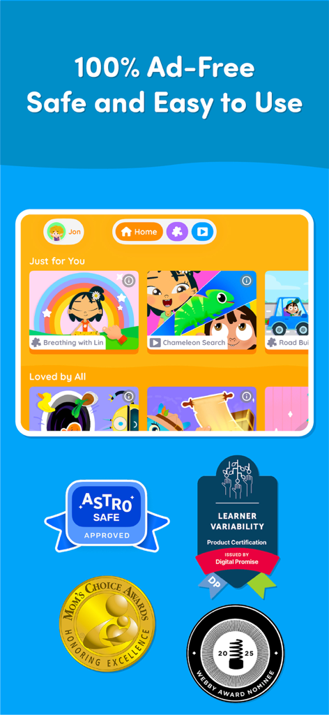 Wonjo Kids Learning Games - Interfaz de la aplicación Wonjo Kids que destaca las características de seguridad sin anuncios y las insignias de premios educativos.