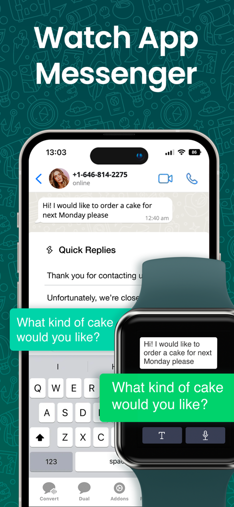 Messenger Duo app interface on iPhone and Apple Watch showing message synchronization