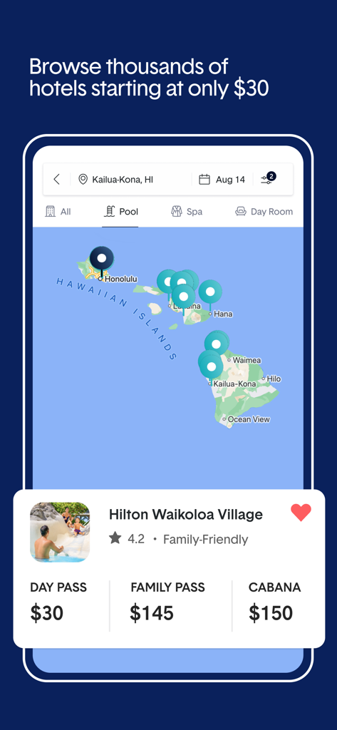ResortPass - Interface de l'application ResortPass montrant une carte des hôtels à Hawaï avec les prix des passes journaliers et des cabanes.