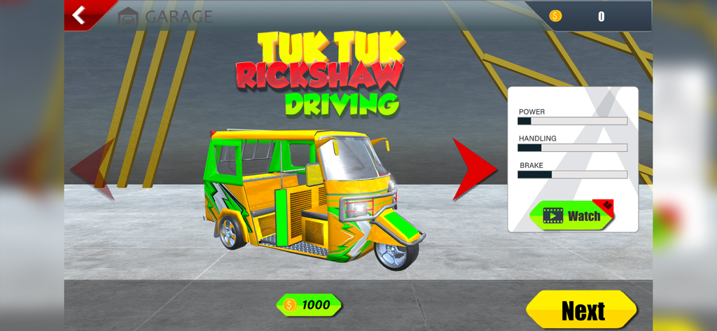 Tuk Tuk rickshaw selection screen in the garage showing vehicle power and handling stats