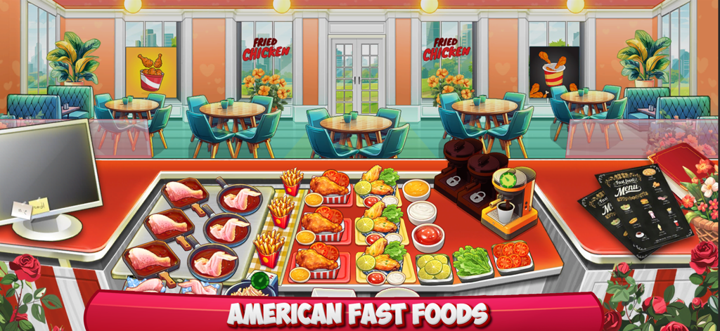 An American fast food kitchen scene in the Cooking Mastery game featuring fried chicken french fries and various condiments