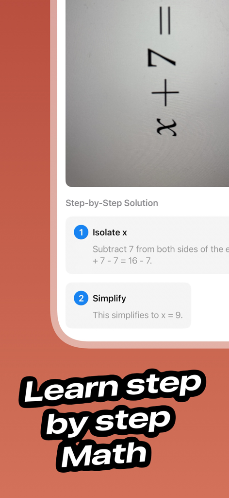 Photo Math Solver - MathCam - Interfaccia dell'app MathCam che mostra una soluzione passo dopo passo per un'equazione algebrica