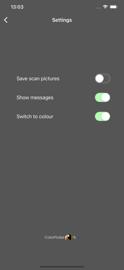 ColorPicker Plus - ColorPicker Plusアプリの設定画面、スキャン写真とメッセージ通知のトグルスイッチ付き