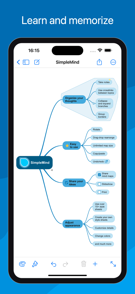 SimpleMind Pro - Mind Mapping - iPhone screenshot of SimpleMind Pro showing a visual mind map with nodes for organizing thoughts and sharing ideas