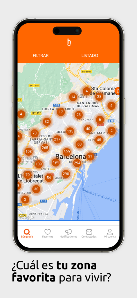 Habitaclia Portal Inmobiliario - Vue cartographique de l'application immobilière Habitaclia montrant des annonces immobilières à Barcelone