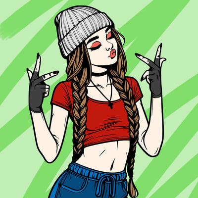 realistic teenage girl with braids and a beanie and crop top doing 🫶🏼