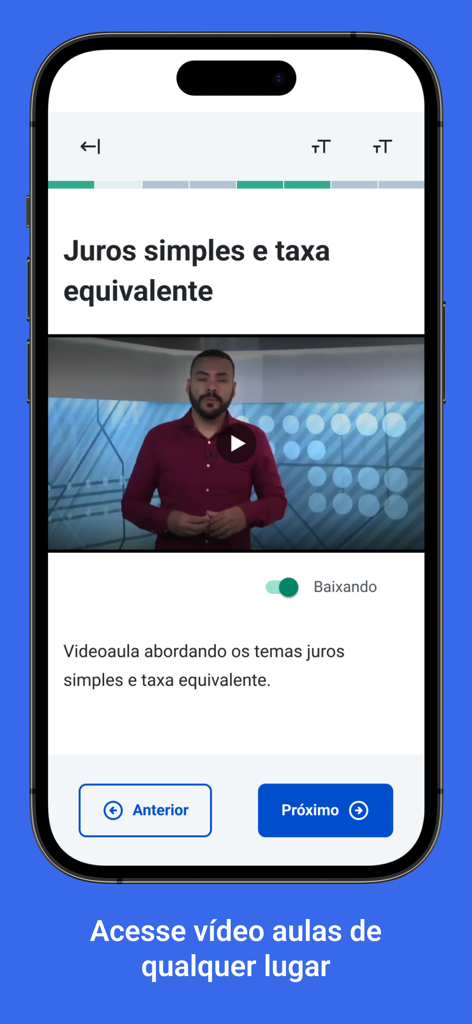 Pantalla de smartphone que muestra la aplicación Anhanguera Aluno con una lección en video sobre interés simple y un botón de descarga activado.