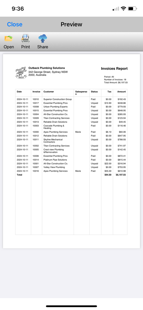 Brisk Invoicing - A mobile app preview of a professional invoices report showing customer details payment status and total amounts