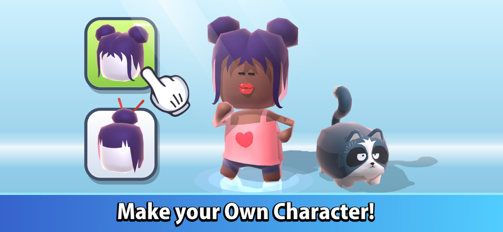 Mega Store: Supermarket Game - A character customization screen in Mega Store Supermarket Game showing an avatar with purple hair buns and a cute pet.