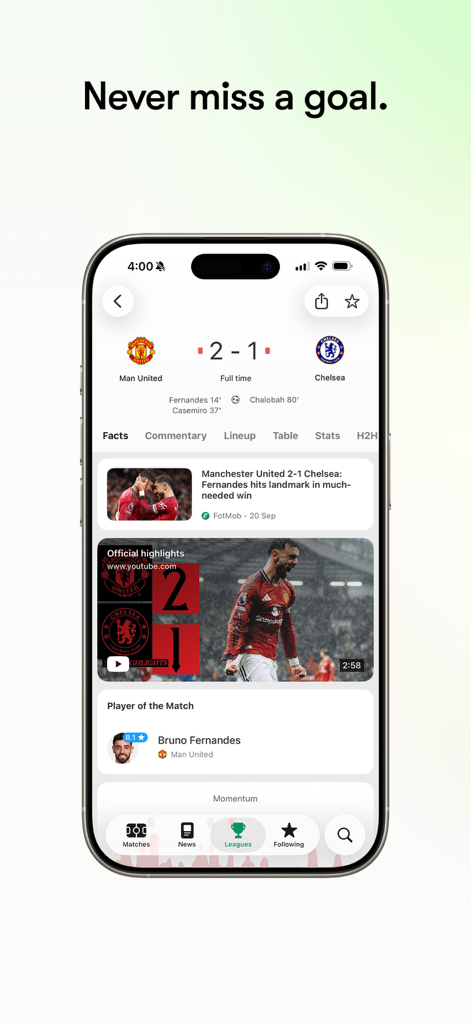 FotMob - Soccer Live Scores - FotMobアプリのインターフェースは、マンチェスター・ユナイテッド対チェルシーのサッカーライブスコアと試合ニュース、選手のハイライトを表示しています
