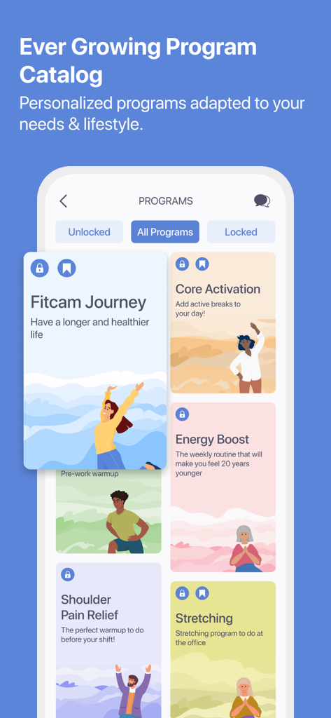 My Care Coach - Um catálogo de programas de saúde personalizados no aplicativo My Care Coach, incluindo alívio da dor no ombro e exercícios de alongamento.