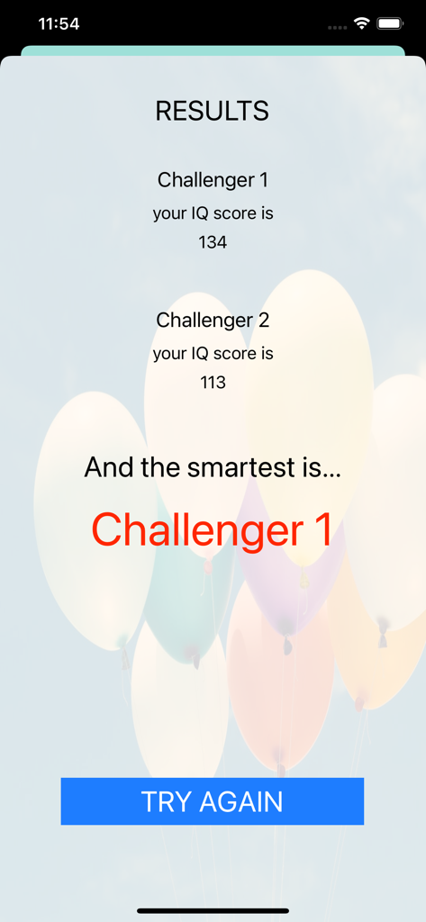 Results screen of the IQ test prank app showing two challengers with different IQ scores