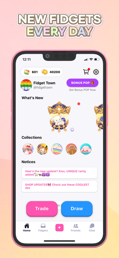 Fidget Town app home screen showing daily new fidgets and collection options
