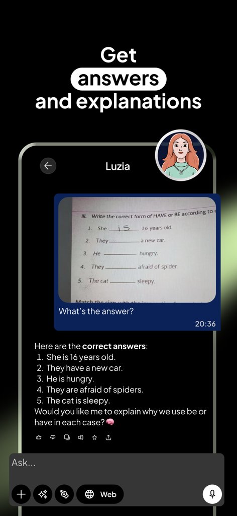 Luzia AI assistant providing answers and explanations for an English grammar worksheet