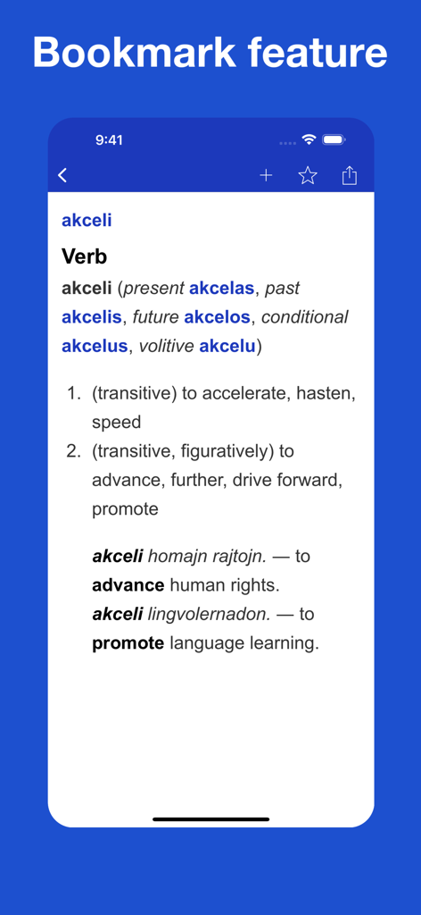 Captura de pantalla de la aplicación Diccionario de Esperanto que muestra la función de marcador y una entrada verbal detallada para akceli con ejemplos de uso.