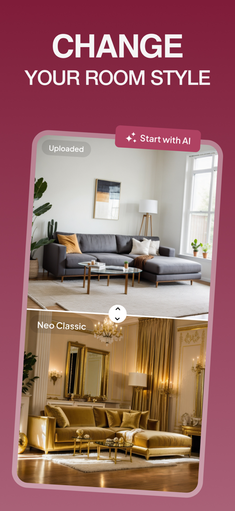Interior Design: Home Decor AI - Interfaz de aplicación móvil que muestra la transformación de estilo de habitación impulsada por IA de moderno a neoclásico