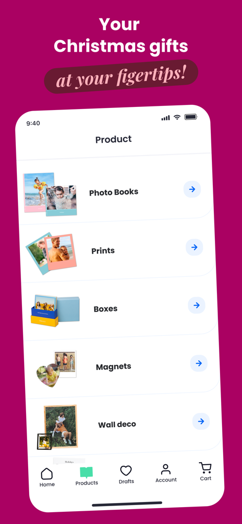 CHEERZ - Photo Printing - Cheerzアプリのインターフェースには、ブック、プリント、ボックス、マグネットなどの様々なフォトプリント製品が表示されています。
