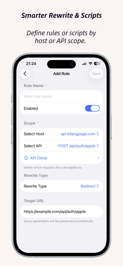ApiCatcher - Capture HTTPS - Screen showing how to define rewrite and script rules by host or API scope in ApiCatcher