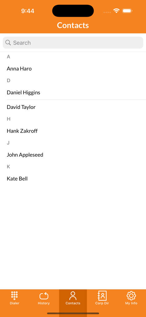 Contact list screen of Alpha Caller app with search bar and professional directory