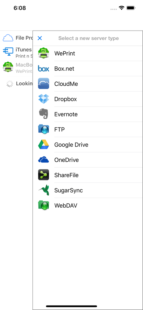 Menu de seleção para armazenamento em nuvem e tipos de servidor no aplicativo Print n Share Pro