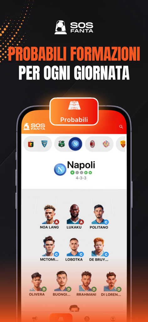 SOS Fanta -  Fantacalcio - Aplicación SOS Fanta que muestra la alineación probable del equipo de Napoli para fútbol fantasy