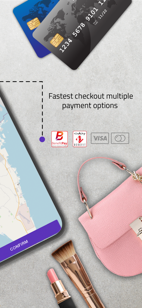Oreem Delivery - اوريم للتوصيل - Oreem app screen showing fast checkout and multiple payment options like BenefitPay and Visa with lifestyle items
