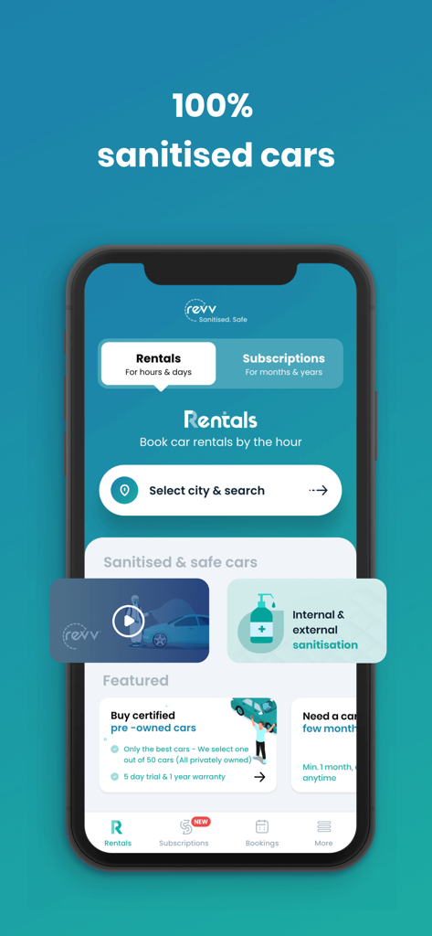 Revv - Self Drive Car Rental - Interface of the Revv self drive car rental app showing options for sanitized car rentals and subscriptions.