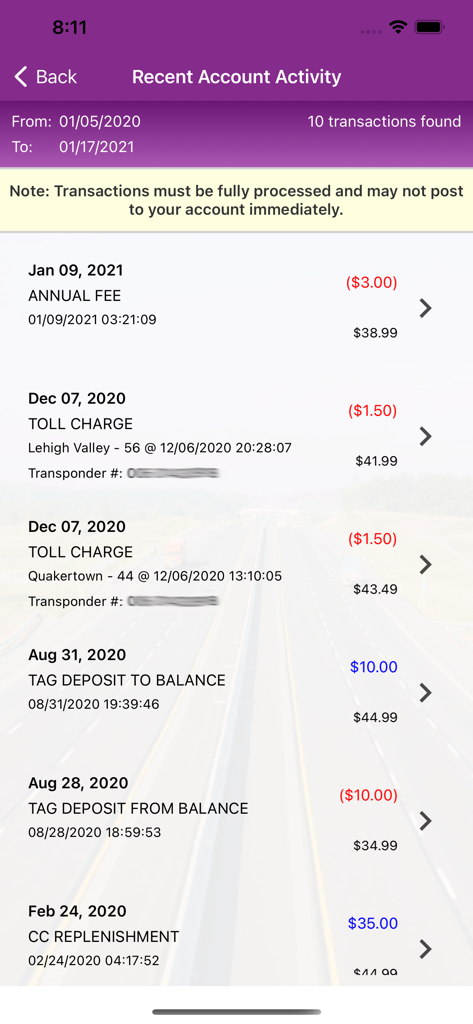 PA Toll Pay - PA Toll Pay app recent account activity screen showing transaction history