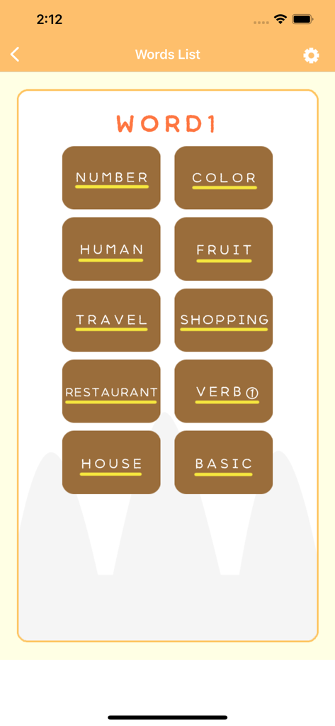 Écran de liste de mots de l'application de langue khmère avec des catégories comme les voyages, le shopping et les restaurants