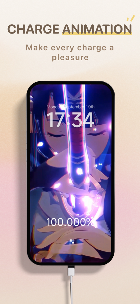 iPhone screen displaying a custom anime charging animation from the Widget Lab app