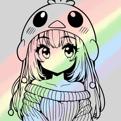 anime girl with chick shaped hat with sweater with bare shoulders with bangs covering them one eye with low tail