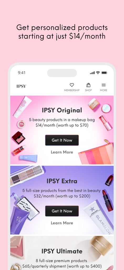 IPSY: Personalized Beauty - IPSY-App-Bildschirm mit den Abo-Mitgliedschaftsstufen, einschließlich der Pläne Original, Extra und Ultimate für personalisierte Beauty-Produkte.