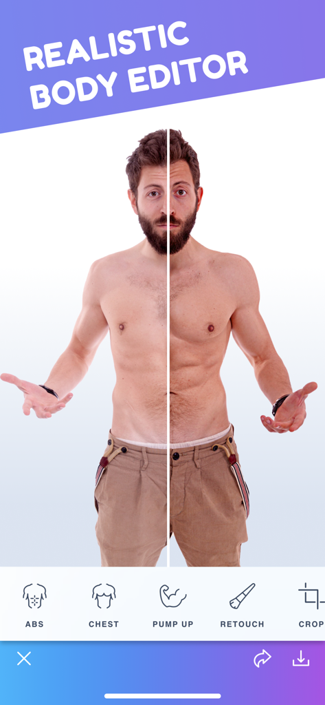 Body Tune for Men－Photo Editor - Before and after comparison of male abdominal muscle enhancement in the Body Tune photo editor app
