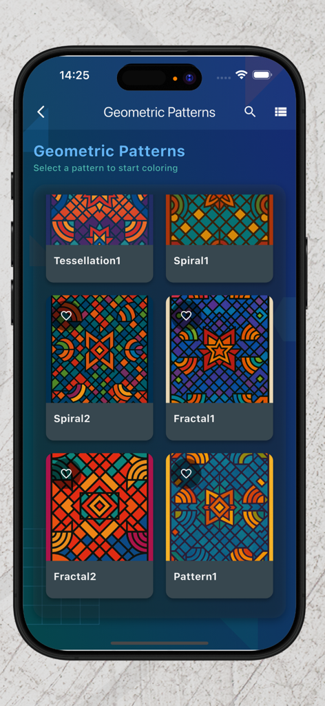 Una interfaz de aplicación móvil que muestra una variedad de coloridos patrones geométricos para colorear, incluyendo teselaciones y fractales