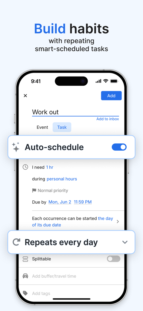 A smartphone screen showing the FlowSavvy app interface for creating a daily workout habit with auto-scheduling enabled.