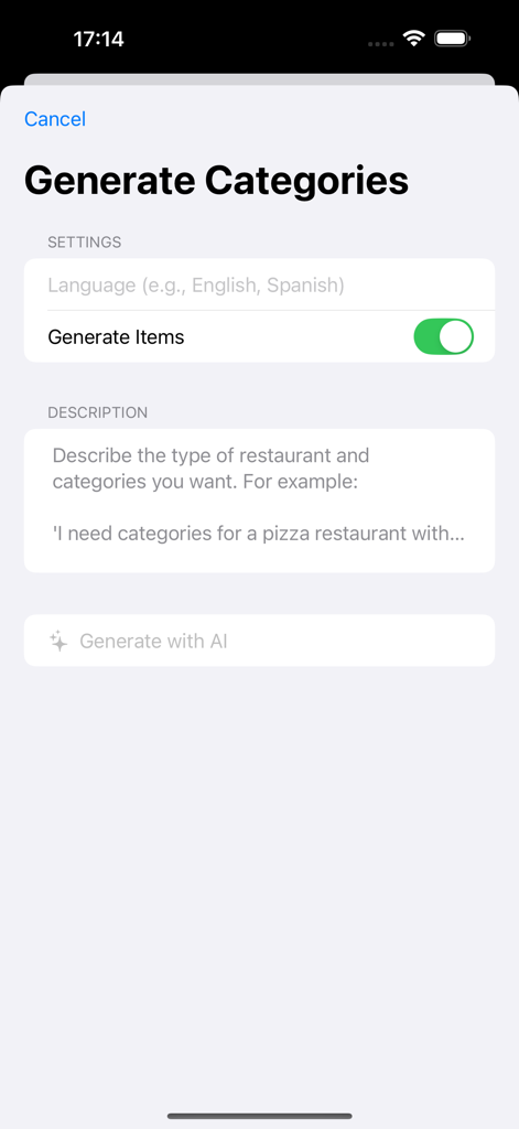 Una interfaz móvil de la aplicación QR Code Menu Maker AI que muestra una pantalla para generar categorías y artículos de menú usando descripciones de IA.