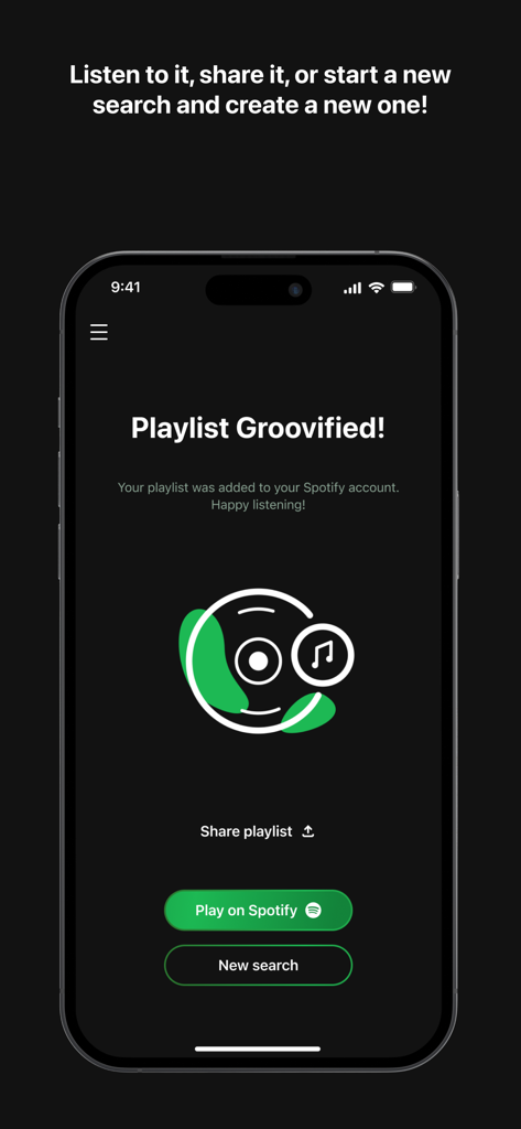 Groovifi - Playlist Generator - Screenshot of Groovifi app showing a confirmation message that the playlist was successfully added to Spotify