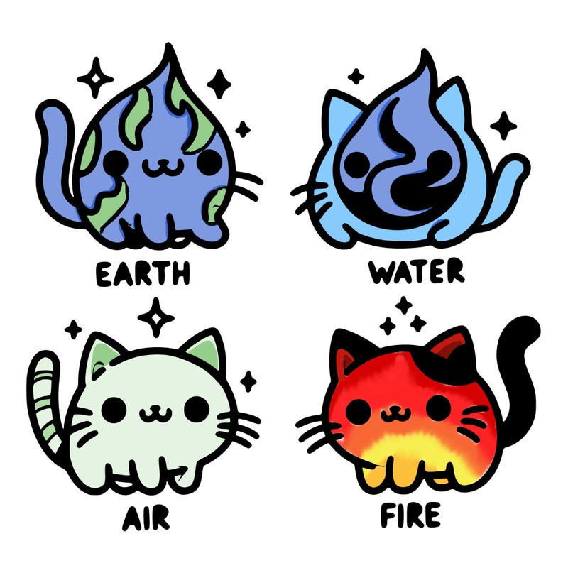 4 cats that represent the different elements, earth, water, air, and fire