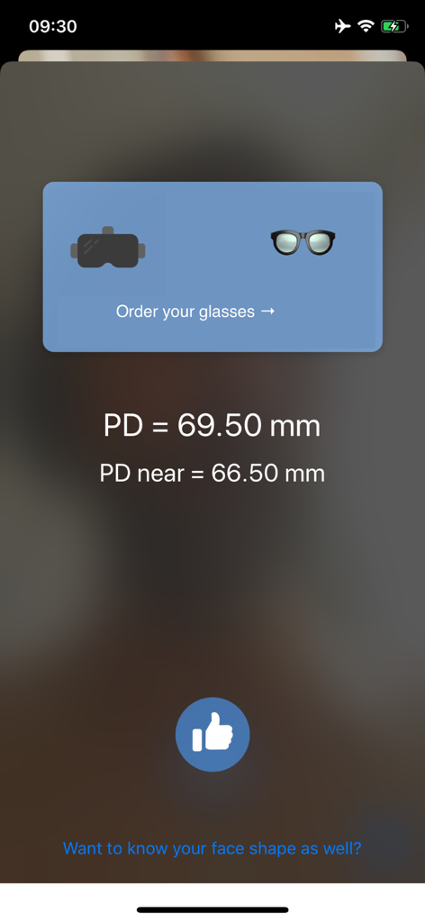 PD Measure Ruler - Screenshot of PD Measure Ruler app showing pupillary distance measurement results for eyewear and VR headsets