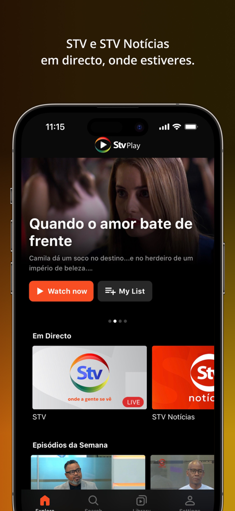 STV Play - STV Play app interface on an iPhone showing live Mozambican television channels and featured video content.