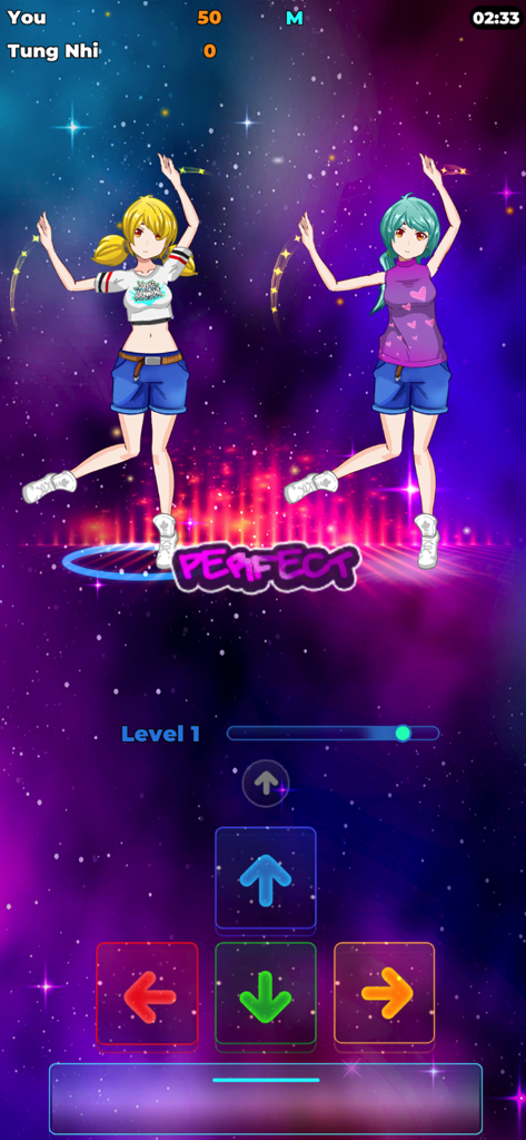 J-pop Dancing: Tap Dance Game - J-POPリズムダンスバトルで、矢印ボタンのコントロールが表示されたアニメキャラクター。