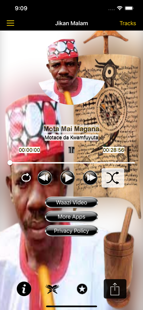 Jikan Malam Wa'azin Turmi - Interface of the Jikan Malam app showing an audio player for a Hausa sermon titled Mota Mai Magana