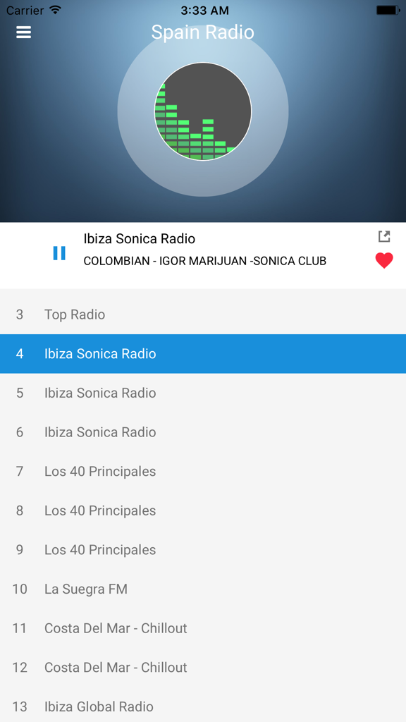 Oberfläche der Spain Radio Station App, die Ibiza Sonica Radio mit einer Liste spanischer FM-Sender abspielt