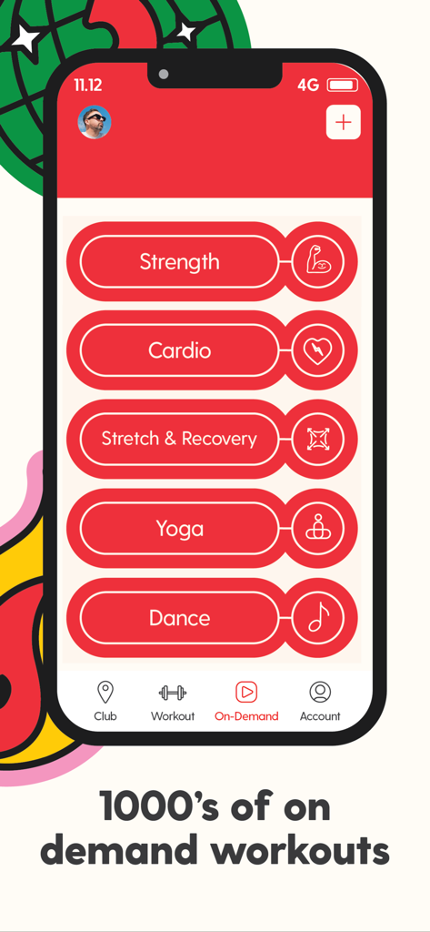 Revo Fitness app screen displaying on demand workout categories including strength cardio and yoga