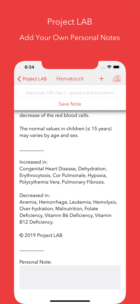 Project LAB - Project LAB app interface displaying hematocrit lab result details and the personal notes feature