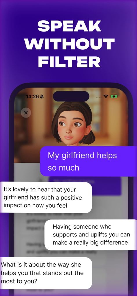 A screenshot of the Emily AI Life Coach app showing a supportive chat conversation with the headline Speak Without Filter.
