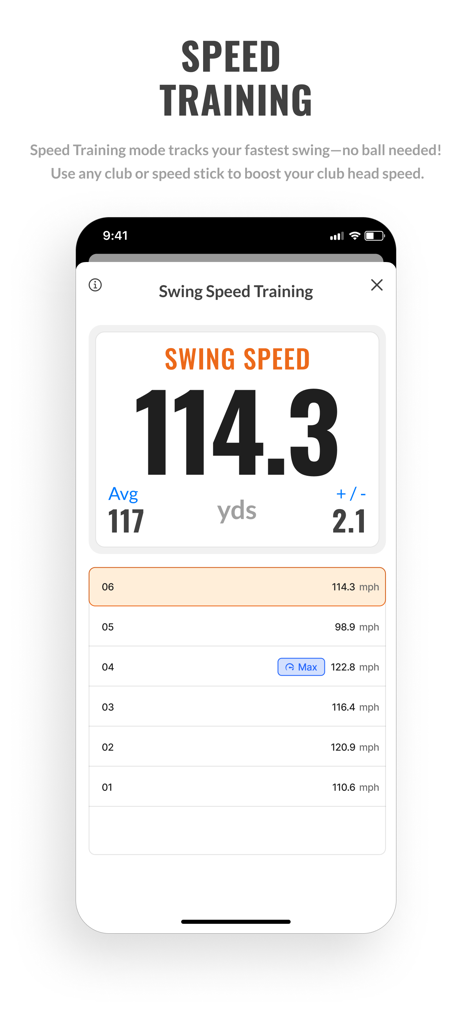 TrackMan Golf Pro - Écran d'entraînement à la vitesse de swing de l'application TrackMan Golf Pro affichant les données de vitesse de la tête de club