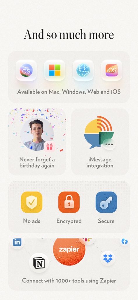 A feature summary for Clay CRM highlighting cross-platform availability, birthday reminders, iMessage integration, data security, and Zapier connectivity.