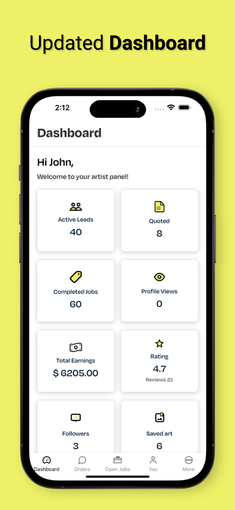 Book An Artist - Artist dashboard showing leads, earnings, and job statistics